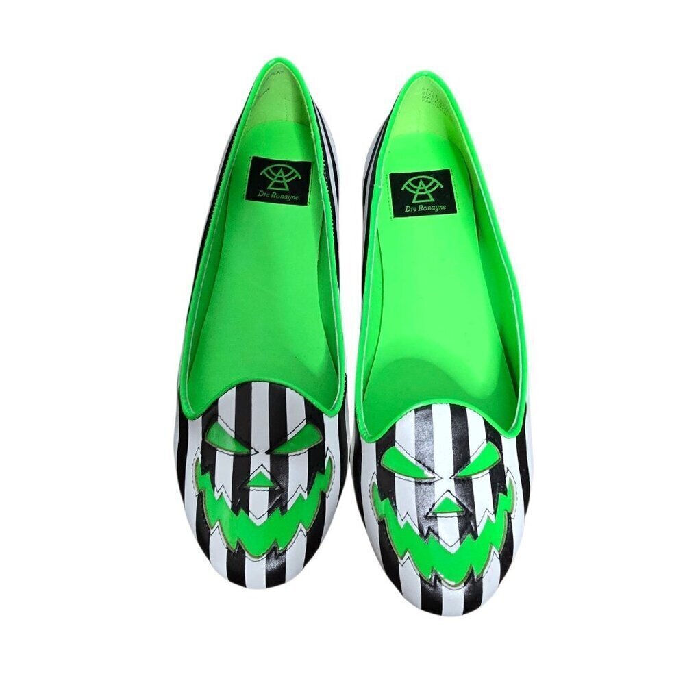 Strange Cvlt Scary Jack Halloween Flats Neon Green Striped Beetlejuice sz 7